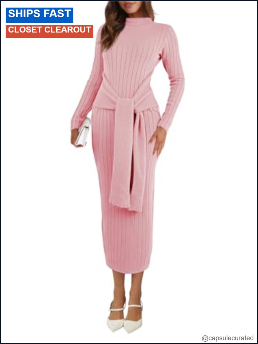 Saodimallsu Long Sleeve Midi Sweater Dress Bodycon Mock Neck Ribbed Knit Tie